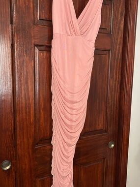 Ruched Pink V-Neck Women’s Dress